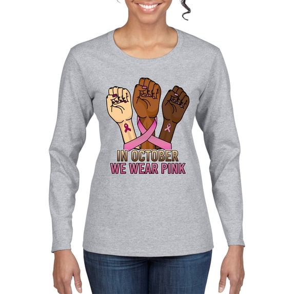 Wild Bobby In October We Wear Pink Protest Fists Breast Cancer Awareness Women Graphic Long Sleeve Tee, Heather Grey, Large