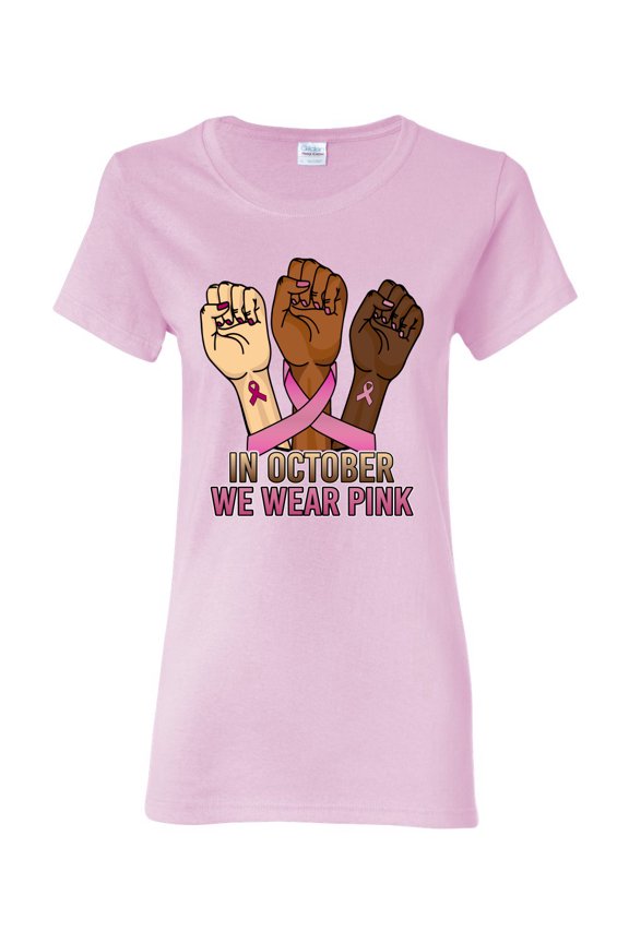 In October We Wear Pink Protest Fists Breast Cancer Awareness Women Graphic Tee, Light Pink, X-Large