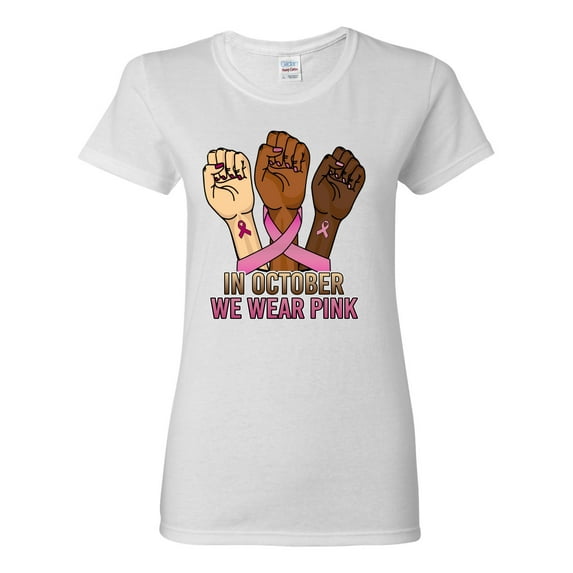 Wild Bobby In October We Wear Pink Protest Fists Breast Cancer Awareness Women Graphic Tee, White, XX-Large