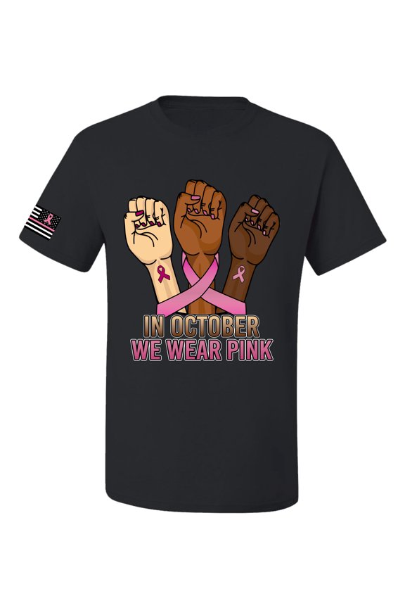 In October We Wear Pink Protest Fists US Flag Breast Cancer Awareness Men Tee, Black, Medium
