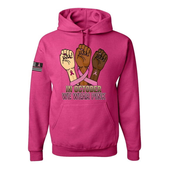 Wild Bobby In October We Wear Pink Protest Fists US Flag Breast Cancer Awareness Unisex Hoodie Sweatshirt, Fuschia, X-Large