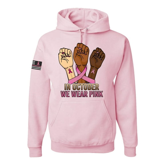 Wild Bobby In October We Wear Pink Protest Fists US Flag Breast Cancer Awareness Unisex Hoodie Sweatshirt, Light Pink, X-Large