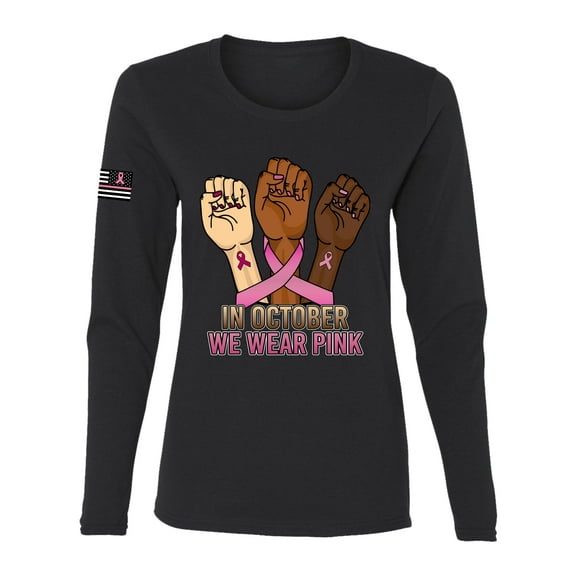 Wild Bobby In October We Wear Pink Protest Fists US Flag Breast Cancer Awareness Women Graphic Long Sleeve Tee, Black, Large