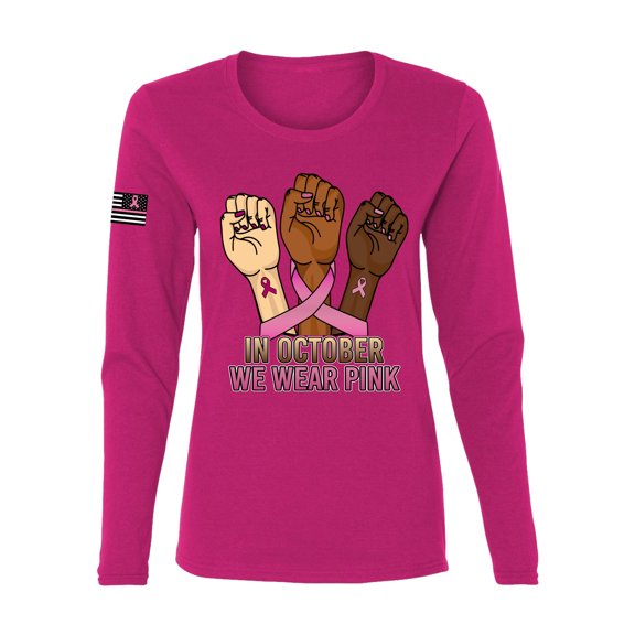 Wild Bobby In October We Wear Pink Protest Fists US Flag Breast Cancer Awareness Women Graphic Long Sleeve Tee, Fuschia, Medium