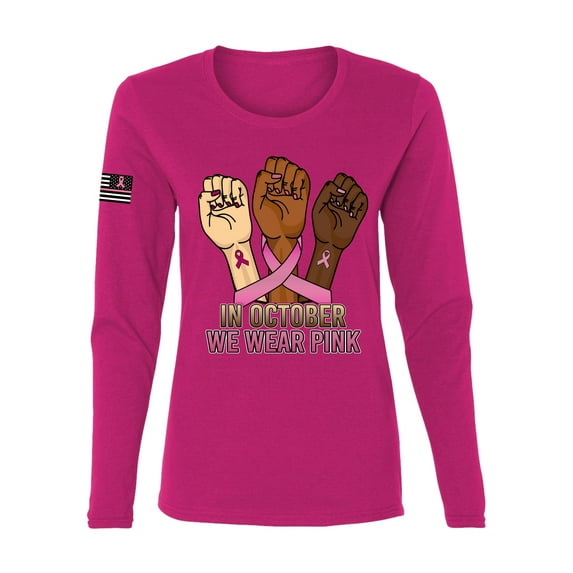 Wild Bobby In October We Wear Pink Protest Fists US Flag Breast Cancer Awareness Women Graphic Long Sleeve Tee, Fuschia, X-Large
