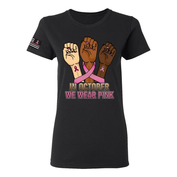 Wild Bobby In October We Wear Pink Protest Fists US Flag Breast Cancer Awareness Women Graphic Tee, Black, Small
