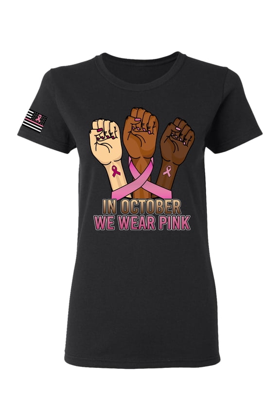 In October We Wear Pink Protest Fists US Flag Breast Cancer Awareness Women Graphic Tee, Black, Small