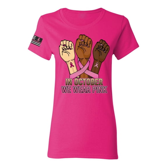Wild Bobby In October We Wear Pink Protest Fists US Flag Breast Cancer Awareness Women Graphic Tee, Fuschia, 3X-Large