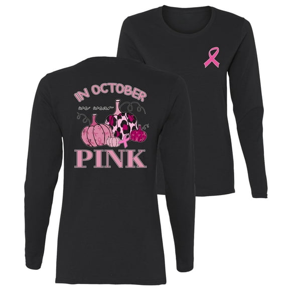 Wild Bobby In October We Wear Pink Pumpkin Cheetah Print Breast Cancer Awareness Front and Back Womens Graphic Long Sleeve T-Shirt, Black, Small