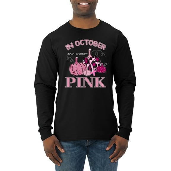 Wild Bobby In October We Wear Pink Pumpkin Cheetah Print Breast Cancer Awareness Men Long Sleeve Shirt, Black, Small