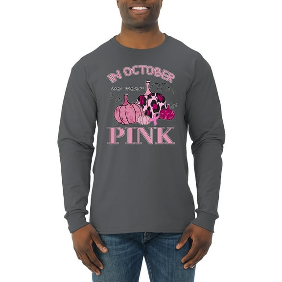 Wild Bobby In October We Wear Pink Pumpkin Cheetah Print Breast Cancer Awareness Men Long Sleeve Shirt, Charcoal, X-Large