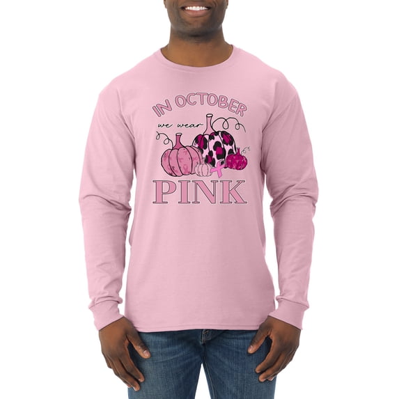 Wild Bobby In October We Wear Pink Pumpkin Cheetah Print Breast Cancer Awareness Men Long Sleeve Shirt, Light Pink, 3X-Large