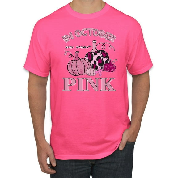 Wild Bobby In October We Wear Pink Pumpkin Cheetah Print Breast Cancer Awareness Men Tee, Neon Pink, Large
