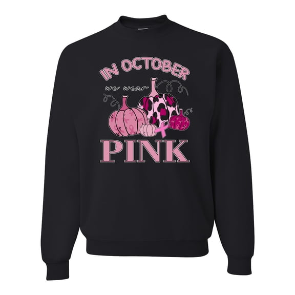 Wild Bobby In October We Wear Pink Pumpkin Cheetah Print Breast Cancer Awareness Unisex Crewneck Sweatshirt, Black, Small