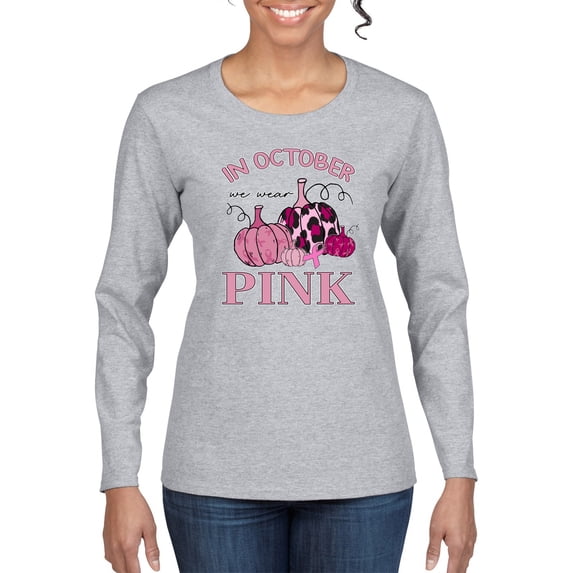 Wild Bobby In October We Wear Pink Pumpkin Cheetah Print Breast Cancer Awareness Women Graphic Long Sleeve Tee, Heather Grey, Large