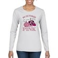 thumbnail image 1 of Wild Bobby In October We Wear Pink Pumpkin Cheetah Print Breast Cancer Awareness Women Graphic Long Sleeve Tee, White, Small, 1 of 6