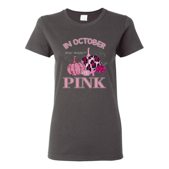 Wild Bobby In October We Wear Pink Pumpkin Cheetah Print Breast Cancer Awareness Women Graphic Tee, Charcoal, X-Large
