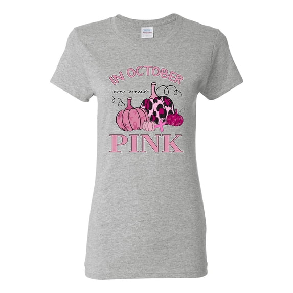 Wild Bobby In October We Wear Pink Pumpkin Cheetah Print Breast Cancer Awareness Women Graphic Tee, Heather Grey, Large