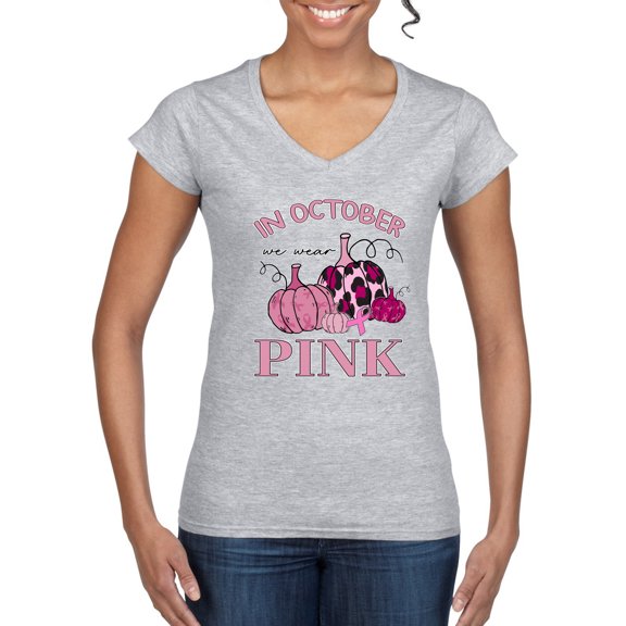 Wild Bobby In October We Wear Pink Pumpkin Cheetah Print Breast Cancer Awareness Women Standard V-Neck Tee, Heather Grey, X-Large