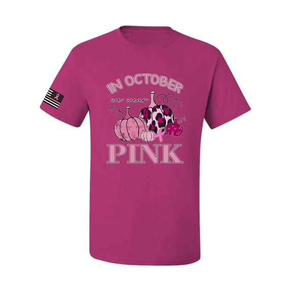 Wild Bobby In October We Wear Pink Pumpkin Cheetah Print US Flag Breast Cancer Awareness Men Tee, Fuschia, 3X-Large