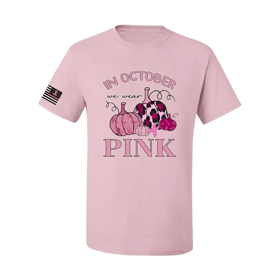 Wild Bobby In October We Wear Pink Pumpkin Cheetah Print US Flag Breast Cancer Awareness Men Tee, Light Pink, X-Large