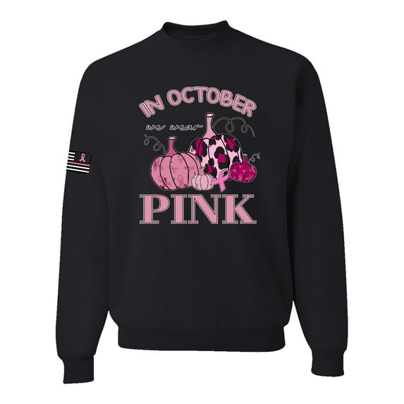 Wild Bobby In October We Wear Pink Pumpkin Cheetah Print US Flag Breast Cancer Awareness Unisex Crewneck Sweatshirt, Black, Large