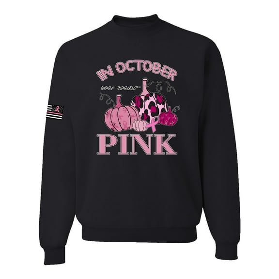 Wild Bobby In October We Wear Pink Pumpkin Cheetah Print US Flag Breast Cancer Awareness Unisex Crewneck Sweatshirt, Black, X-Large