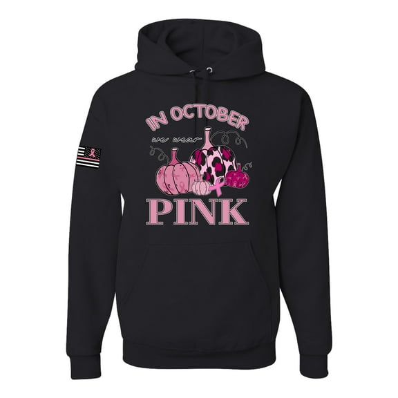 Wild Bobby In October We Wear Pink Pumpkin Cheetah Print US Flag Breast Cancer Awareness Unisex Hoodie Sweatshirt, Black, Small