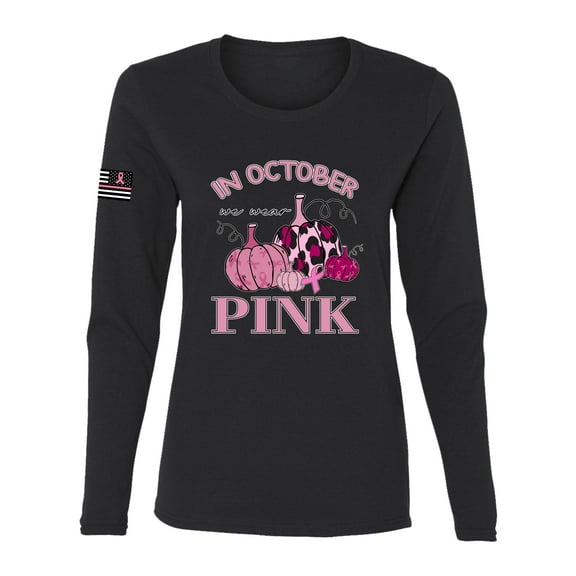 Wild Bobby In October We Wear Pink Pumpkin Cheetah Print US Flag Breast Cancer Awareness Women Graphic Long Sleeve Tee, Black, XX-Large