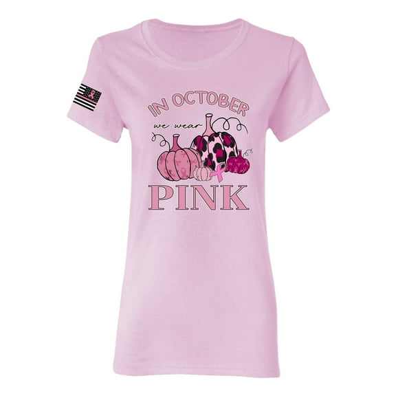 Wild Bobby In October We Wear Pink Pumpkin Cheetah Print US Flag Breast Cancer Awareness Women Graphic Tee, Light Pink, Large
