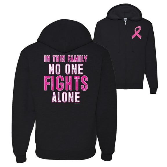 Wild Bobby, In This Family No One Fights Alone, Breast Cancer Awareness, Front and Back Graphic Zip Up Hoodie Sweatshirt, Black, Small