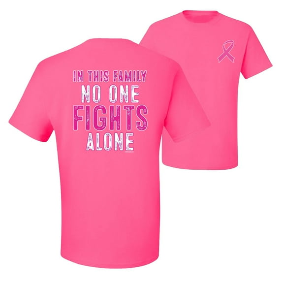 Wild Bobby, In This Family No One Fights Alone, Breast Cancer Awareness, Front and Back Men Graphic Tee, Neon Pink, Small