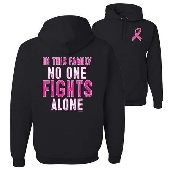 Wild Bobby, In This Family No One Fights Alone, Breast Cancer Awareness, Front and Back Unisex Graphic Hoodie Sweatshirt, Black, Small
