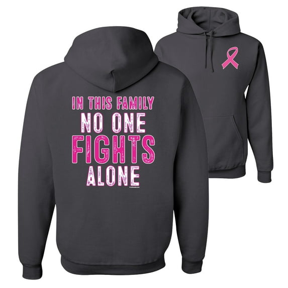 Wild Bobby, In This Family No One Fights Alone, Breast Cancer Awareness, Front and Back Unisex Graphic Hoodie Sweatshirt, Charcoal, Large