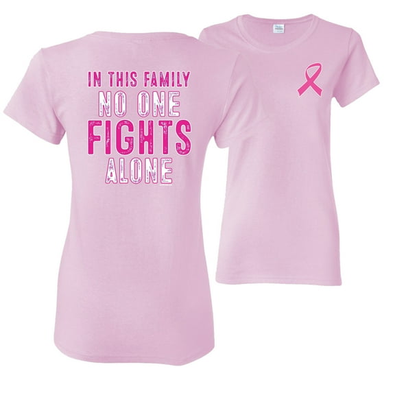 Wild Bobby, In This Family No One Fights Alone, Breast Cancer Awareness, Front and Back Women Graphic Tee, Light Pink, Small
