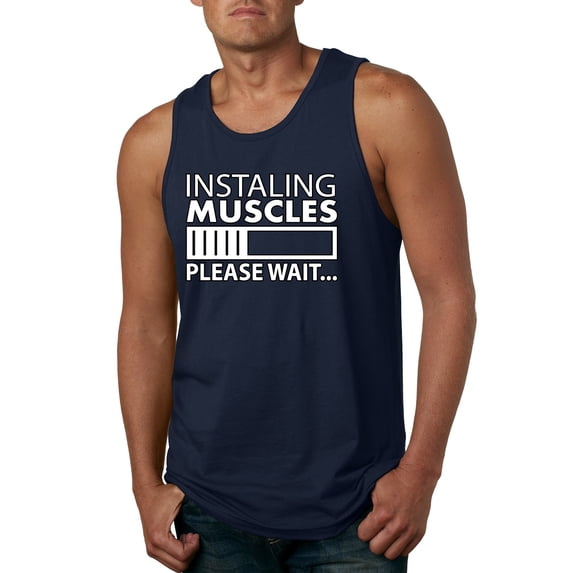 Wild Bobby Installing Muscles Please Wait… Gym/Workout Men Graphic Tank Top, Navy, Large