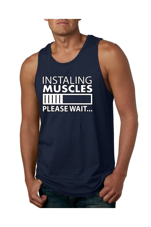 Installing Muscles Please Wait Gym/Workout Men Graphic Tank Top, Navy, Medium