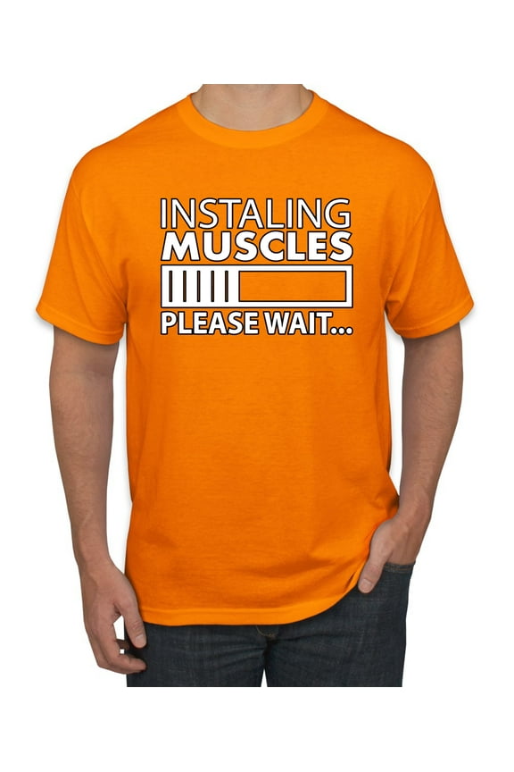 Installing Muscles Please Wait… Gym/Workout Men Graphic Tee, Orange, Large