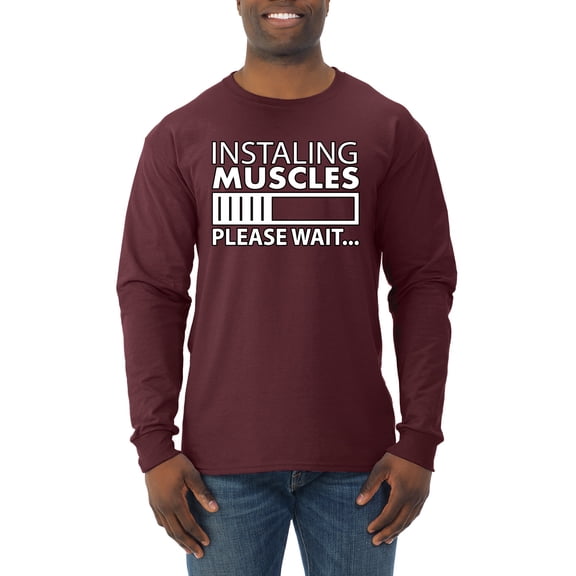 Wild Bobby Installing Muscles Please Waitâ€¦ Gym/Workout Men Long Sleeve Shirt, Maroon, X-Large