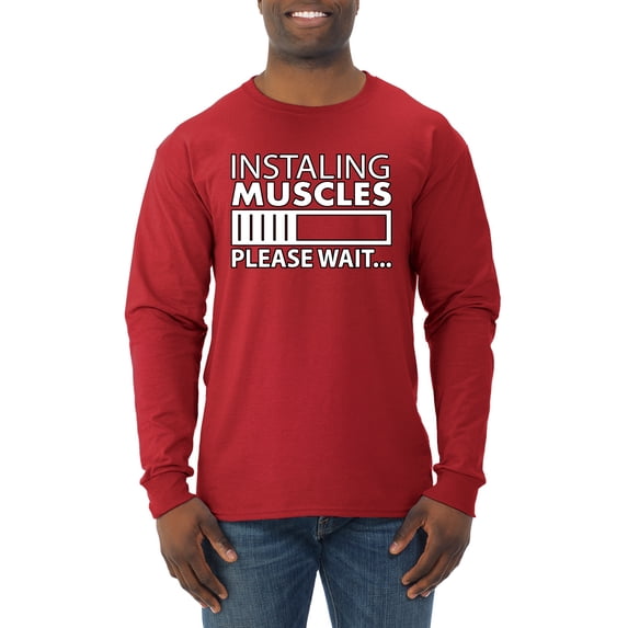Wild Bobby Installing Muscles Please Wait Gym/Workout Men Long Sleeve Shirt, Red, Large