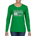 thumbnail image 1 of Wild Bobby Installing Muscles Please Waitâ€¦ Gym/Workout Women Graphic Long Sleeve Tee, Kelly, Medium, 1 of 5