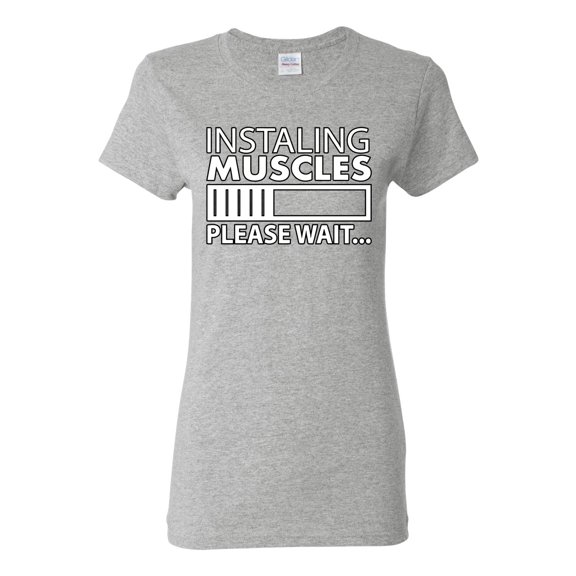 Wild Bobby Installing Muscles Please Wait Gym/Workout Women Graphic Tee, Heather Grey, Small