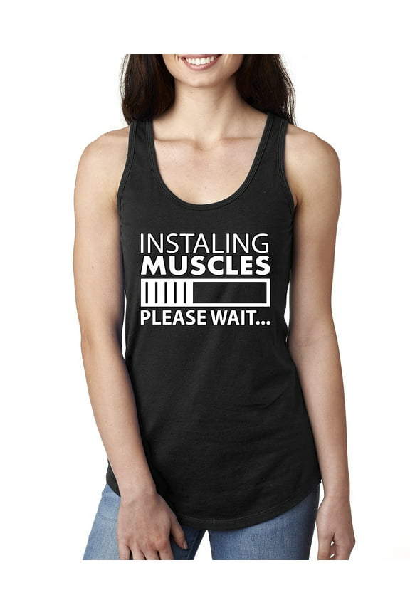 Installing Muscles Please Wait… Gym/Workout Women Racerback Tank Top, Black, Medium