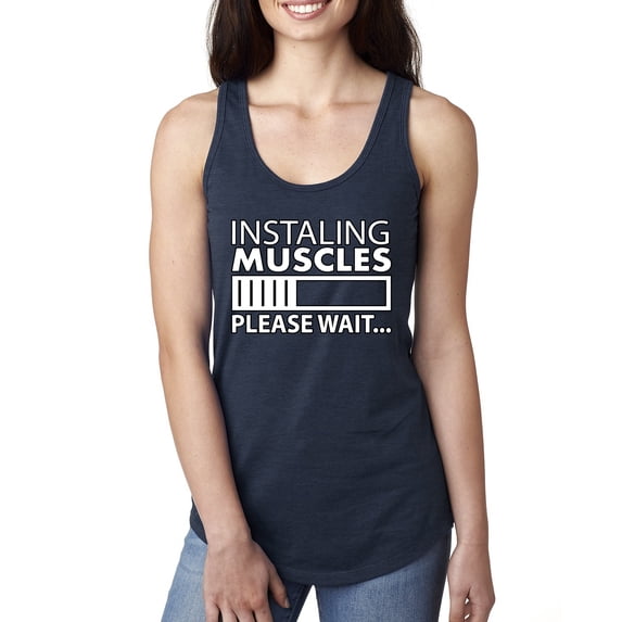 Wild Bobby Installing Muscles Please Wait… Gym/Workout Women Racerback Tank Top, Navy, Medium