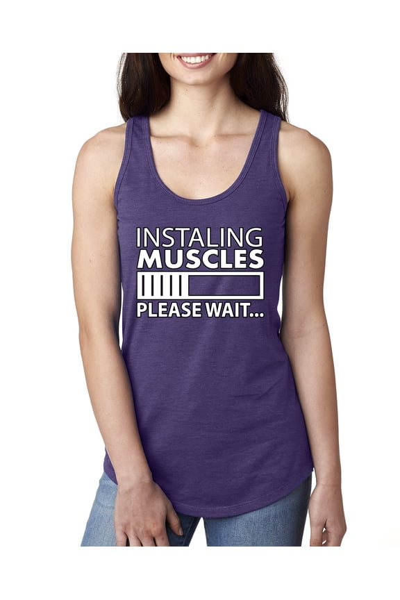, Installing Muscles Please WaitÃƒÂ¢Ã¢â€šÂ¬Ã‚Â¦ Gym/Workout Women Racerback Tank Top, Purple Rush, Small