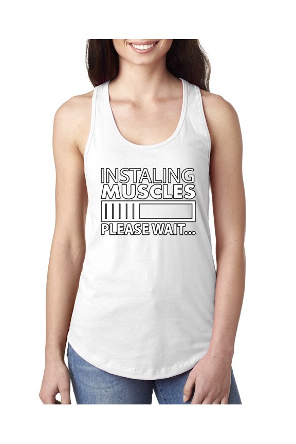 Installing Muscles Please Wait… Gym/Workout Women Racerback Tank Top, White, Medium
