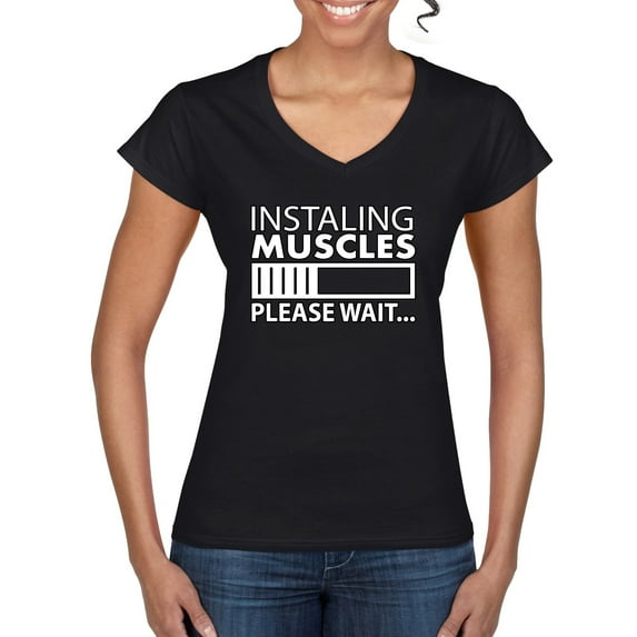 Wild Bobby Installing Muscles Please Wait Gym/Workout Women Standard V-Neck Tee, Black, Small