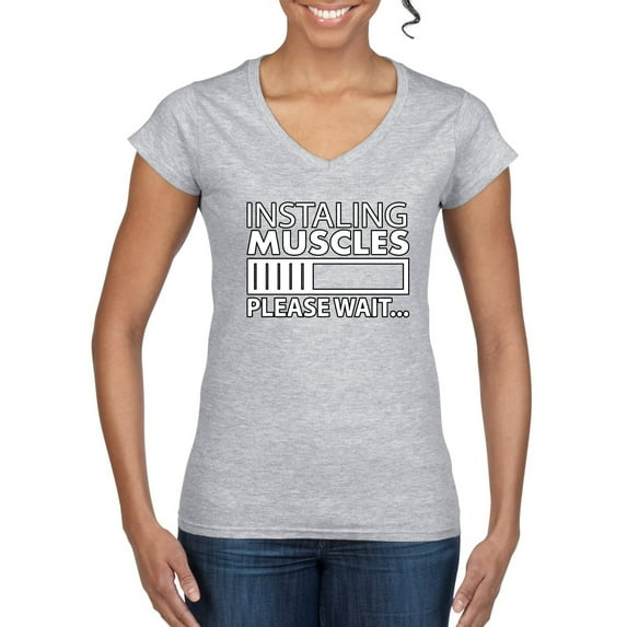 Wild Bobby Installing Muscles Please Wait Gym/Workout Women Standard V-Neck Tee, Heather Grey, Small