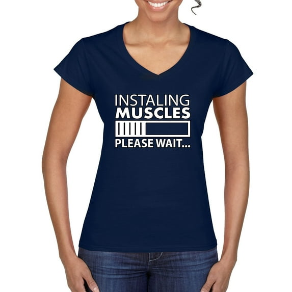 Wild Bobby Installing Muscles Please Wait… Gym/Workout Women Standard V-Neck Tee, Navy, Medium