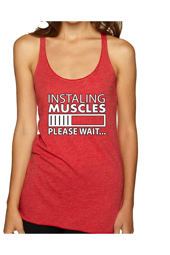Installing Muscles Please Wait… Gym/Workout Women Tri-Blend Racerback Tank Top, Vintage Red, Small
